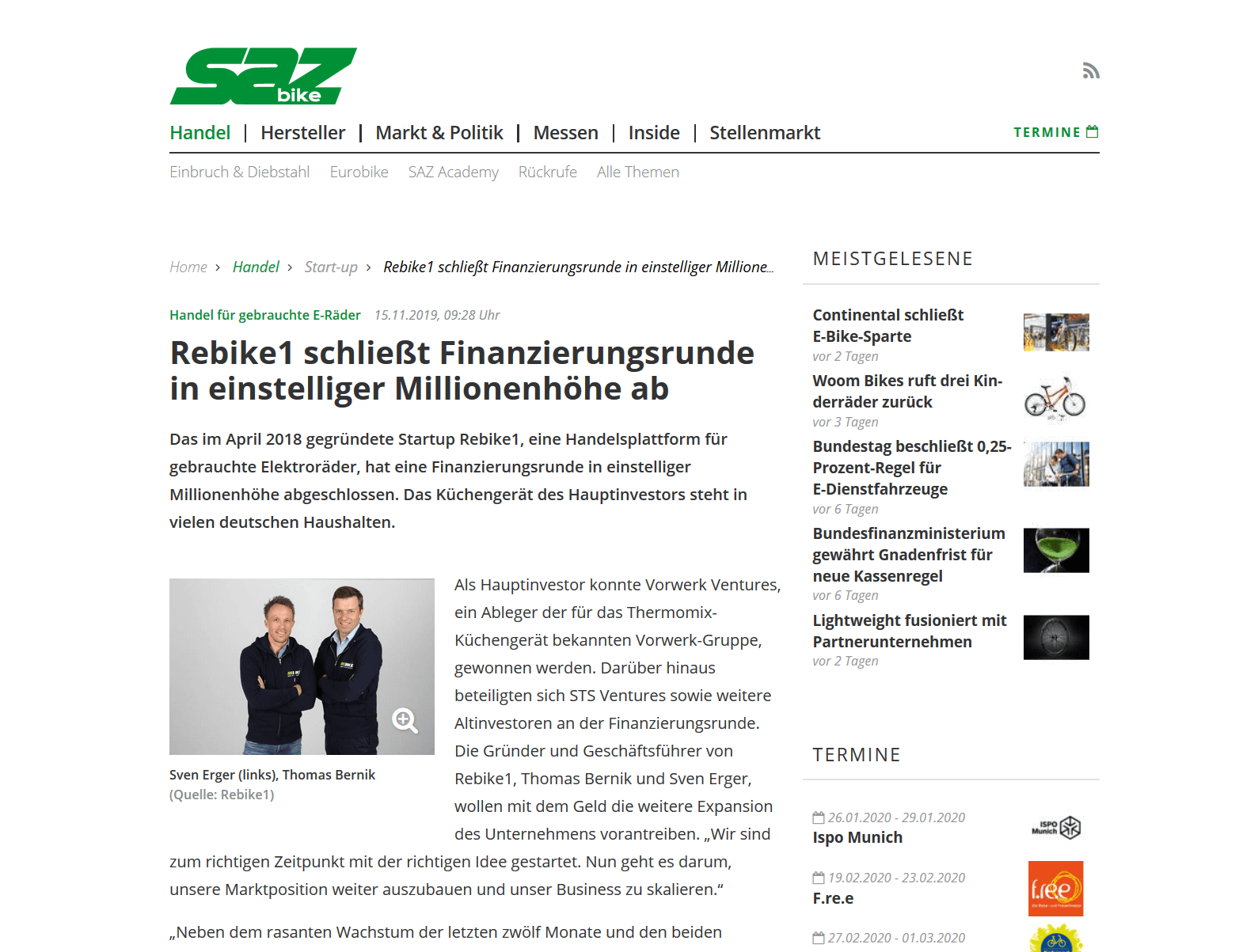 rebike1 schließt Finanzierungsrunde in einstelliger Millionenhöhe ab
